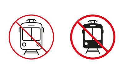 Tramway Not Allowed Road Sign. Tram Way Circle Symbol Set. Electric Streetcar Prohibit Traffic Red Sign. Warning City Transport Line and Silhouette Forbidden Icons. Isolated Vector Illustration