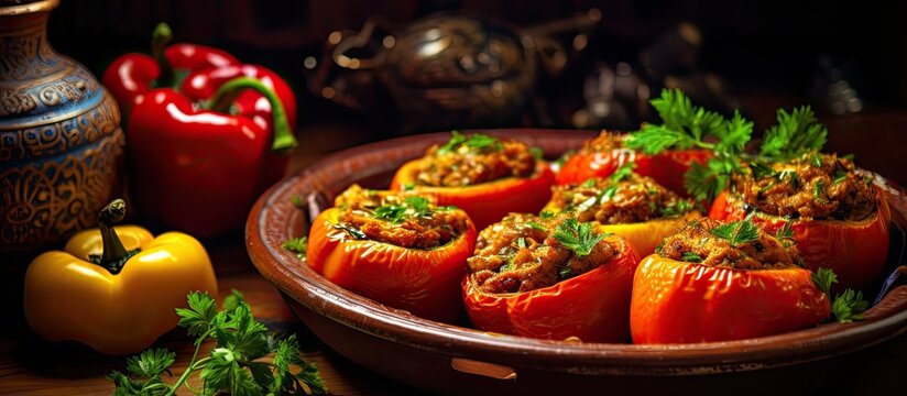 Turkish stuffed bell peppers with meat, a scrumptious traditional dish (Etli biber dolmasi).