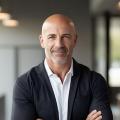 Mature bald man smiling at camera while standing confidently with arms crossed, copy space, ai technology