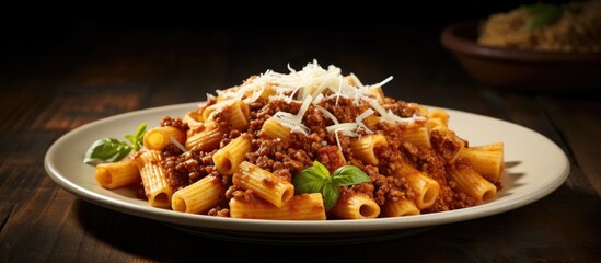 Traditional Italian rigatoni with Bolognese sauce and cheese. - obrazy, fototapety, plakaty
