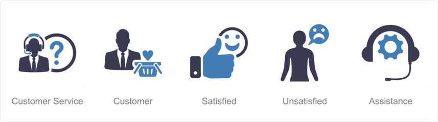 A set of 5 Customer service icons as customer service, customer, satisfied
