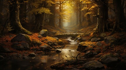 a dreamy forest scene with a babbling brook, where fallen leaves in shades of ochre and mahogany drift along the water's edge.