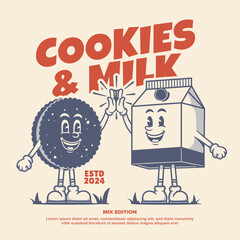 Cookies and milk cartoon mascot, retro mascot character