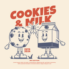 Cookies and milk cartoon mascot, retro mascot character