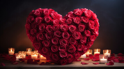 beautiful bouquet of red roses in the shape of a heart for valentine's day with candles