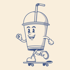 Tea cup character, plastic cup retro cartoon mascot character