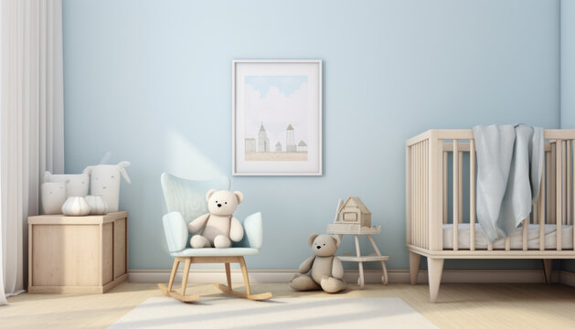 A photo mockup of a wall has one picture with a ratio of 2: 3, the room is a children's nursery in light blues colours --ar 7:4 --stylize 50 --v 5.2 Job ID: f10afc14-bce6-4332-a3b7-4bb638ed8d2c