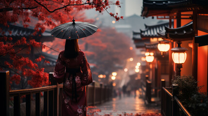 Asian woman in kimono with umbrella in Kyoto. - Powered by Adobe