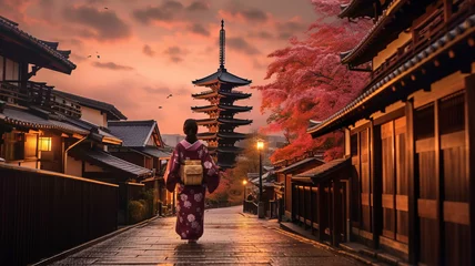 Fotobehang Asian woman in kimono with umbrella in Kyoto. © JKLoma
