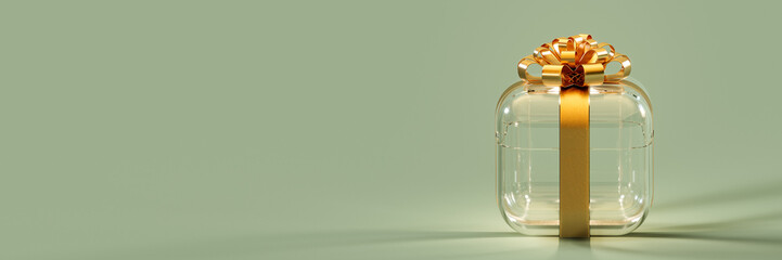 Glass gift box with golden bow on green background with copy space. 3D Rendering, 3D Illustration