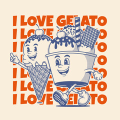 Gelato character, ice ceam retro cartoon mascot character