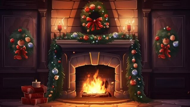 Christmas interior decorations, magical glowing Christmas tree with lit fireplace. Smooth looping video background animation, cartoon illustration style. Generated with AI