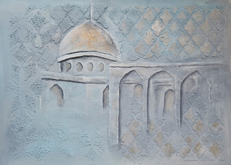 al Aqsa mosque blue textured background with arches and minarets with a dome on a patterned background in the technique of barilief,tactile painting with shadows and replicas of the same tone and with