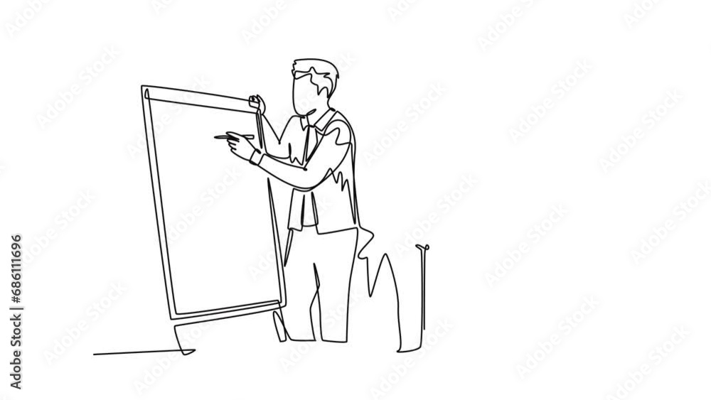 Aufkleber animated self drawing of continuous line draw young happy startup members discussing company growth 