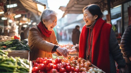 Asian senior elderly pensioner mother happy shopping in fresh market with you daughter buying ingredients food to celebrate in famliy respect lifestyle traditional Chinese New Year party festival