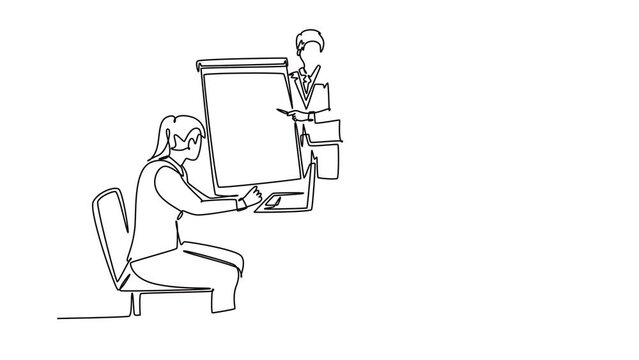 Animated self drawing of continuous line draw of young happy instructor presenting marketing strategy at the office group discussion. Sales improvement meeting concept. Full length one line animation