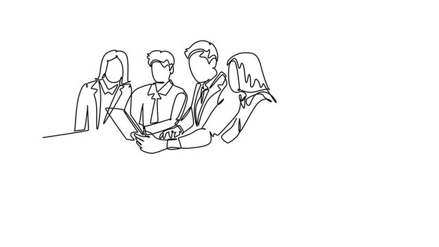 Animated self drawing of continuous line draw young male presenter presenting business strategy to increase sales during office meeting. Business plan group discussion. Full length one line animation