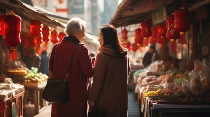 Unrecognizable Chinese elderly retired mother and daughter happy walking together in China downtown...