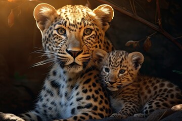 Obraz premium leopard animal, mother and child .