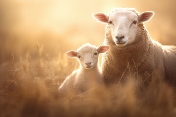 Obraz premium Sheep and lamb, mother and child.