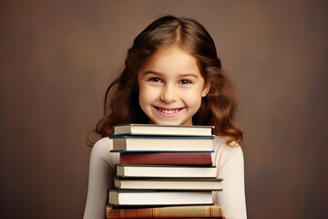 Little kid smiling while holding a stack of books in front of him,