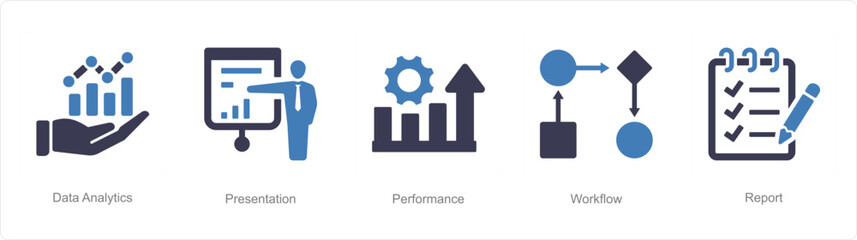 A set of 5 Data analysis icons as data analytics, presentation, performance