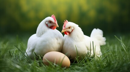 Fototapeta premium couple of chicken with on green grass generated by AI tool