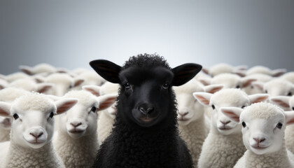 Obraz premium One black sheep standing away from a group of white sheep