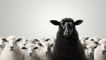 One black sheep standing away from a group of white sheep - obrazy, fototapety, plakaty