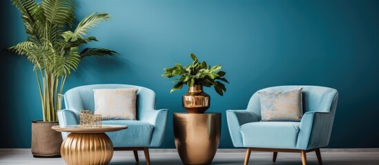 Vintage living room with blue armchair, coffee table decor, and plants in golden pots.