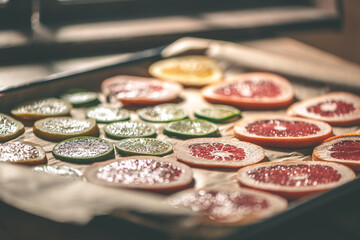 Sliced orange, tangerine and grapefruit slices on baking sheet, preparing citrus wedges for Christmas garland