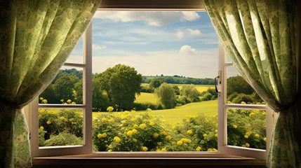 Papier Peint photo Vielles portes Empty Interior with Window Overlooking Greenery and Landscape generated by AI tool