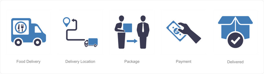 A set of 5 delivery icons as food delivery, delivery location, package