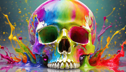 Colorful paints are pouring on the skull