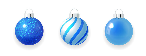 Christmas balls ornament set. Blue glass Christmas decorations. Isolated vector.