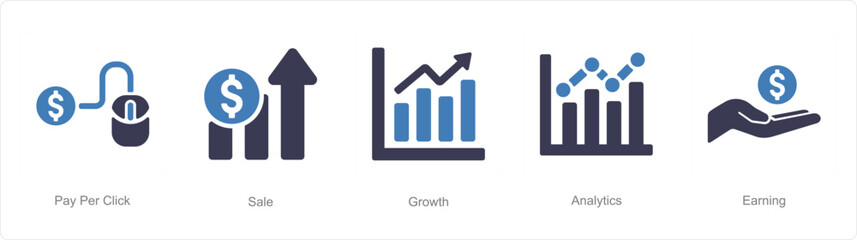 A set of 5 Digital Marketing icons as pay per click, sale, growth
