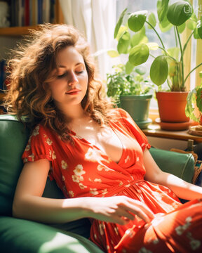 Peaceful Young Woman in Red Floral Dress Resting in Sunlit Room