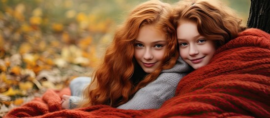Two girls with red hair cozy up in a woolen blanket in a fall park. Autumn kids.