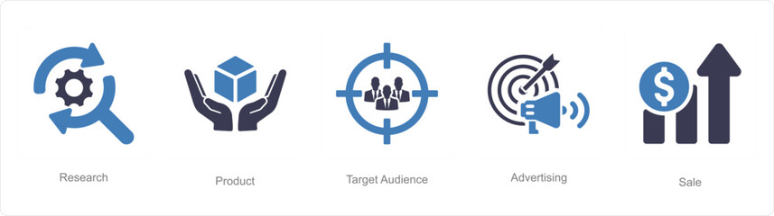 A set of 5 Digital Marketing icons as esearch, product, target audience