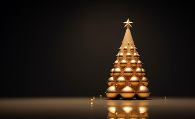 Golden christmas tree made of shiny ornaments with star top