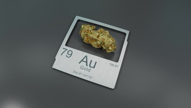 Gold nugget showcases periodic table's elemental details.