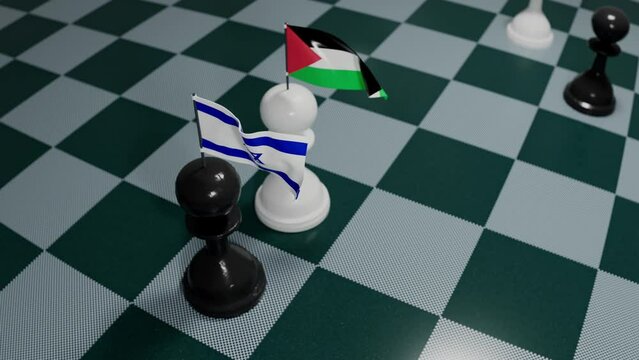 Pawn chess pieces depict Israel-Palestine conflict on board.