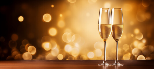 Champagne flutes clinking over glowing golden bokeh background