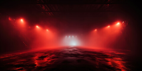 Dramatic stage lit by red neon lights, shrouded in mist and darkness - obrazy, fototapety, plakaty