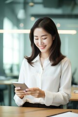 korean businesswoman entrepreneur holding smartphone reading messages on cellphone in office. generative AI