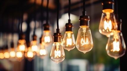 Decorative antique style light bulbs shine with orange light against a blurred evening city background. - obrazy, fototapety, plakaty
