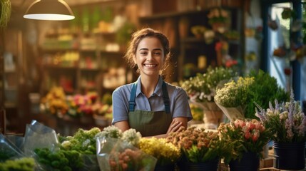 Portrait of young Hispanic attractive female wearing apron smiling looking at camera arms crossed in botany full of flowers, Florist small business shop entrepreneur happy standing indoor shop