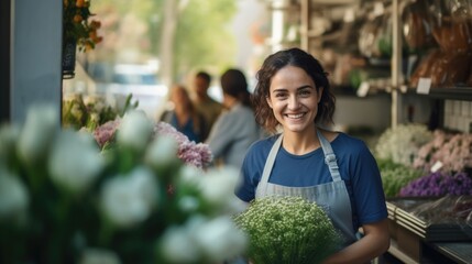 Portrait of young Hispanic attractive female wearing apron smiling looking at camera in botany full of flowers shop, Florist woman small business shop entrepreneur happy start-up opening flowers shop