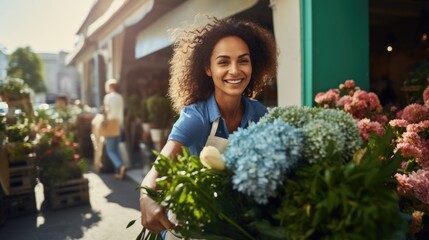 Portrait of young Hispanic attractive female wearing apron smiling looking at camera in botany full of flowers shop, Florist woman small business shop entrepreneur happy start-up opening flowers shop - obrazy, fototapety, plakaty