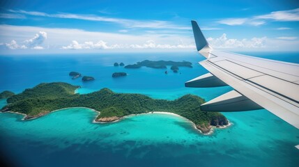 View from an airplane window to a tropical island with sandy beaches in a blue ocean against a blue daytime sky.